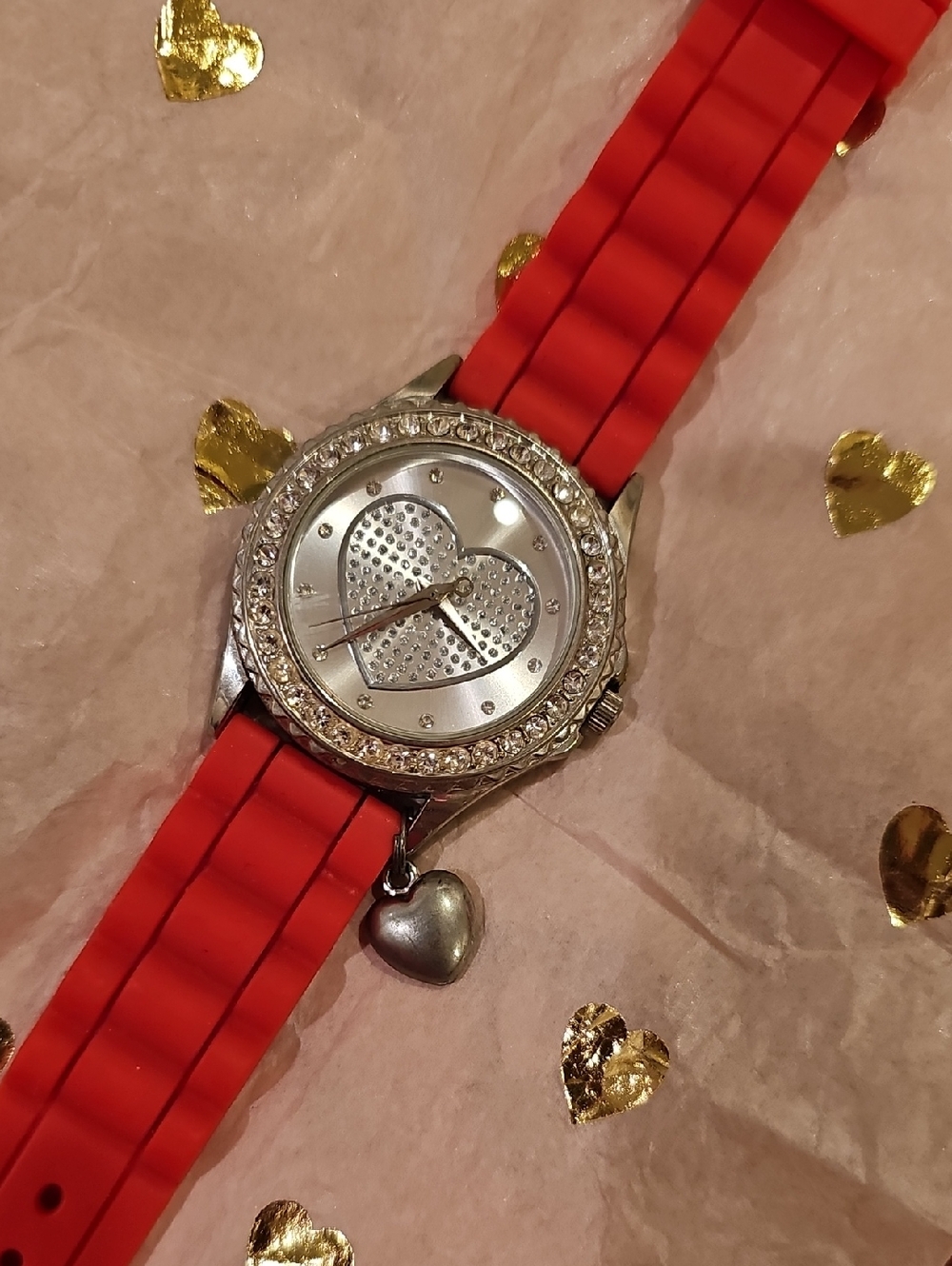 Women’s Red Heart Charm Watch with Crystal Bezel